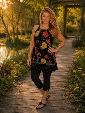 torrid Black Floral Halter Tunic with Red and Yellow Blooms